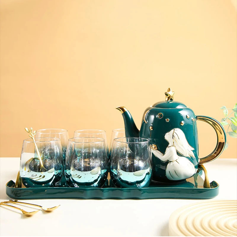 European Style Ceramic Tea Coffee Set Teapot Set With Bamboo Tray Customs Data