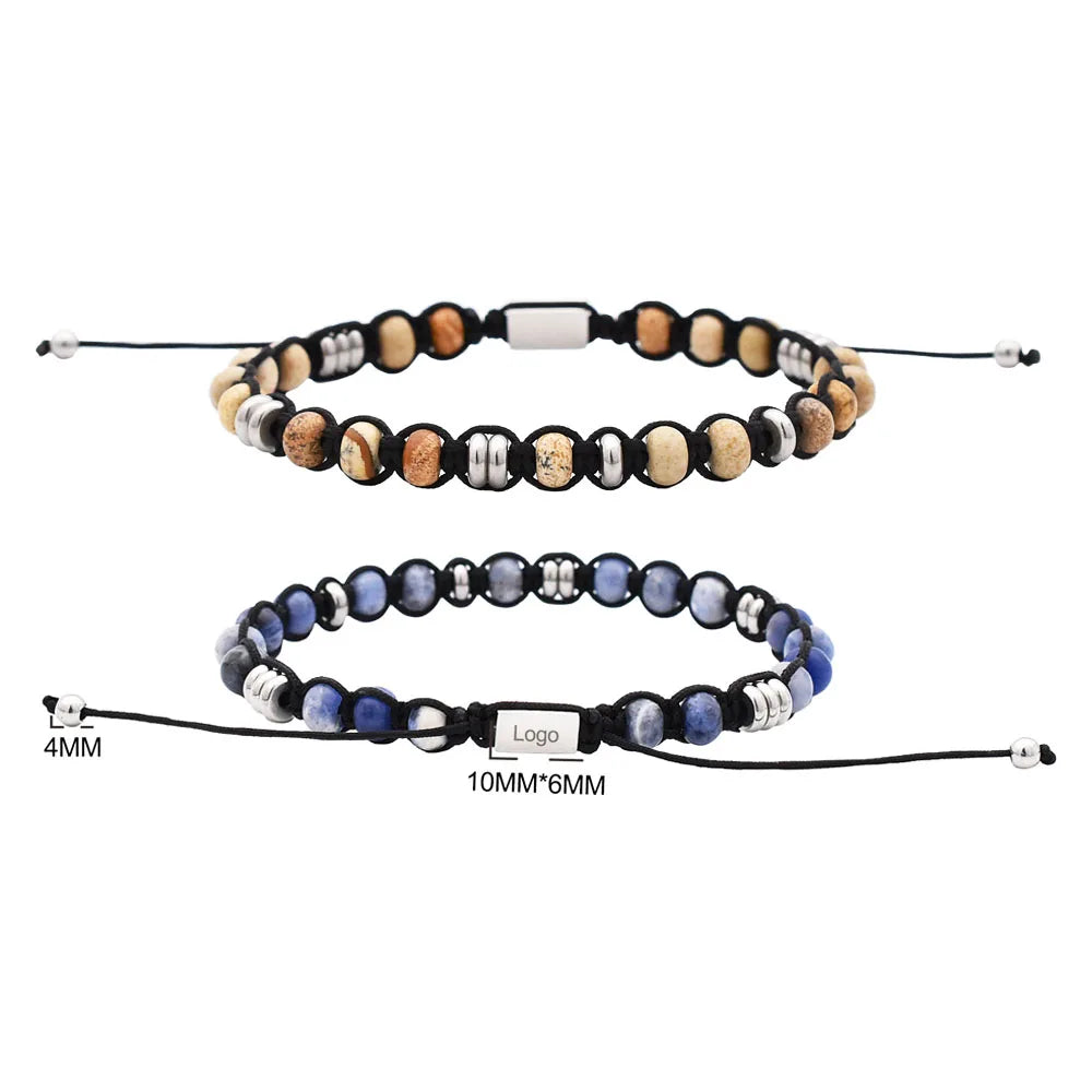 Fashion Natural Stone Blue Sodalite Bead Bracelet for Men Black Nylon Cord Adjustable Stainless Steel Personalized Jewelry Gift