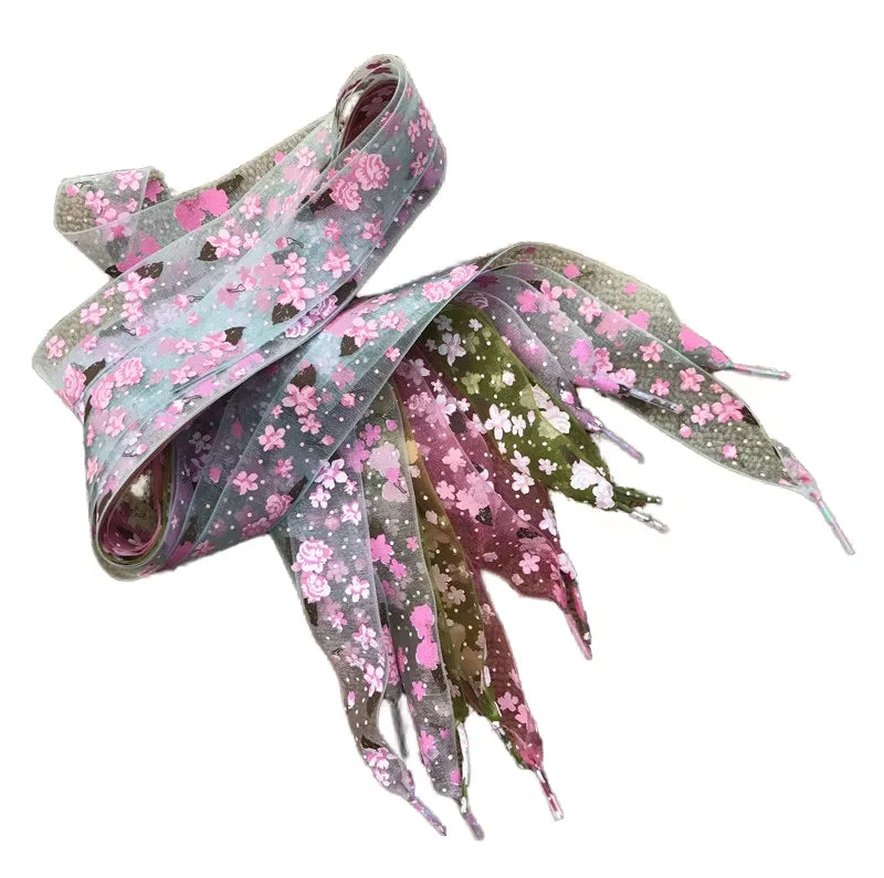 YH Flat Nylon Satin Leather Shoelaces Transparent Organza Printed Fabric for All Shoe Types Pair Included