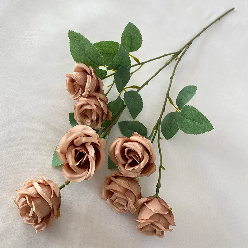 Multicolor-Light Coffee Modern Style Artificial Flower Wedding Decoration 8-head Crimped Rose