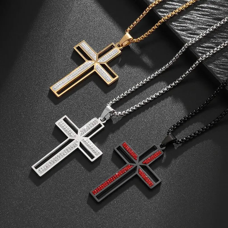 Exquisite Cross Pendant Necklace Shining Zircon Inlay Religious Christian for Men Women Stainless Steel Amulet Accessory Lucky
