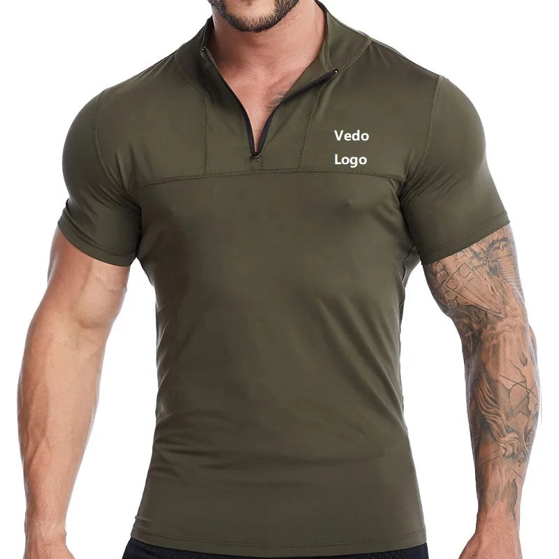 Vedo Fitness T-shirt Short Sleeve High Elastic Zipper Sportswear Training Sweatshirt GYM Compression Shirts for Men