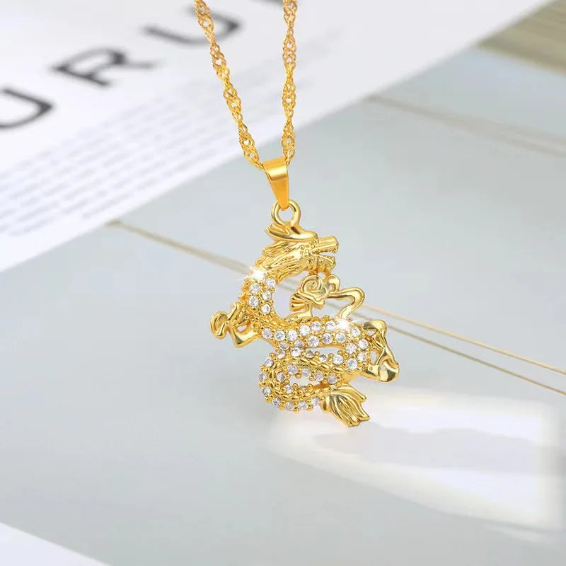 High Quality Stainless Steel 18K Gold Trendy Wedding & Party Good Luck Animal Chinese Dragon Pendant Necklace