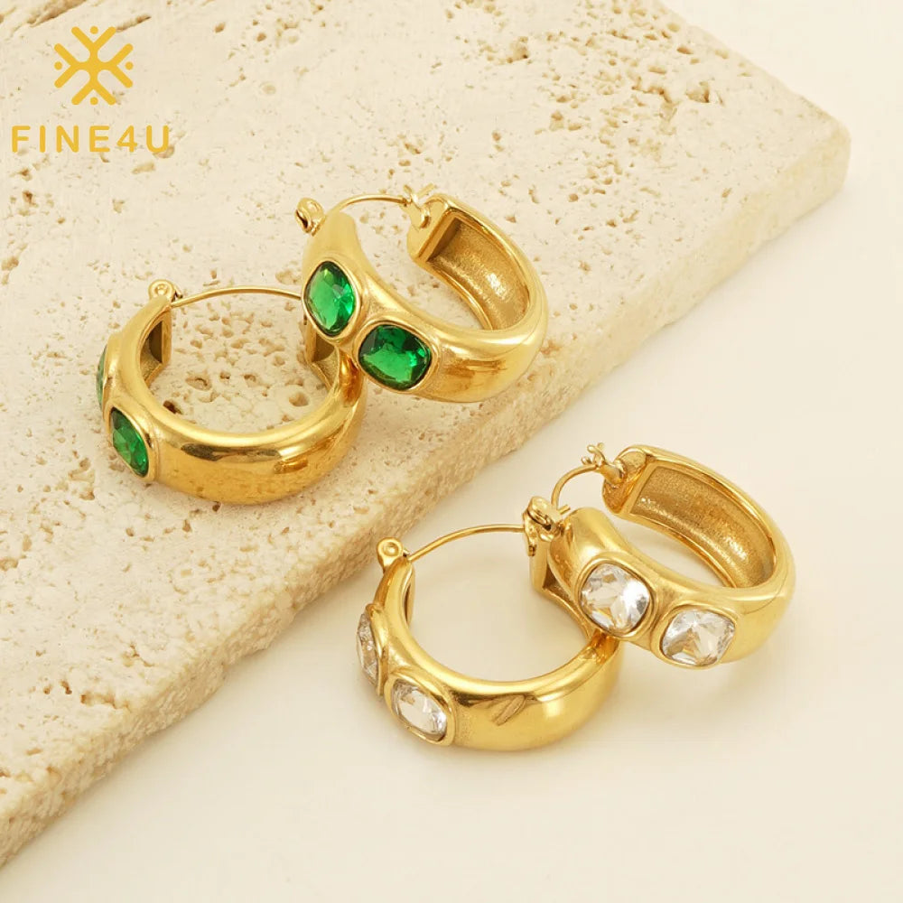 18K Gold Plated Women Fashion Jewelry Stainless Steel Cubic Zirconia Green Stone Hoop Earrings