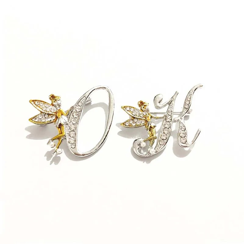 Fairy Angel Alphabet Capital Letter Brooch Gold Diamond-stud Women Men Metal Plate butterfly Crystal Rhinestone Lapel Pin Brooch