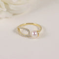 Abiding Geometric Opening Design 14 Karat Gold Melee VVS Moissanite & Round 6MM Freshwater Pearl Adjustable Stacking Ring