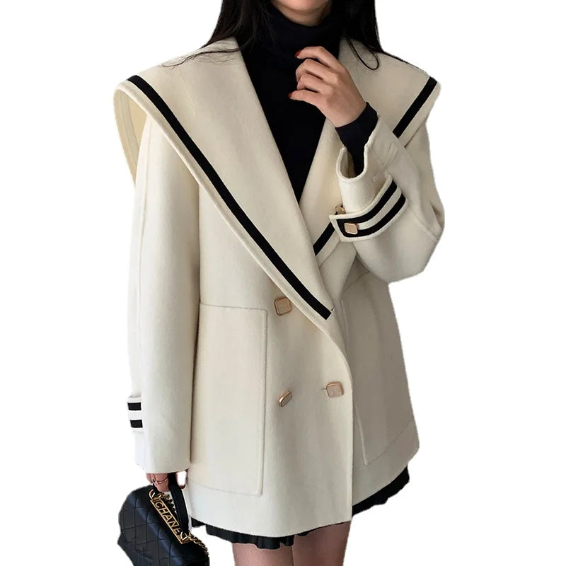 Wholesale 2025 Autumn French Navy Collar Contrast Double Breasted Loose Large Pocket Long Sleeve Warm Woolen Women's Coat