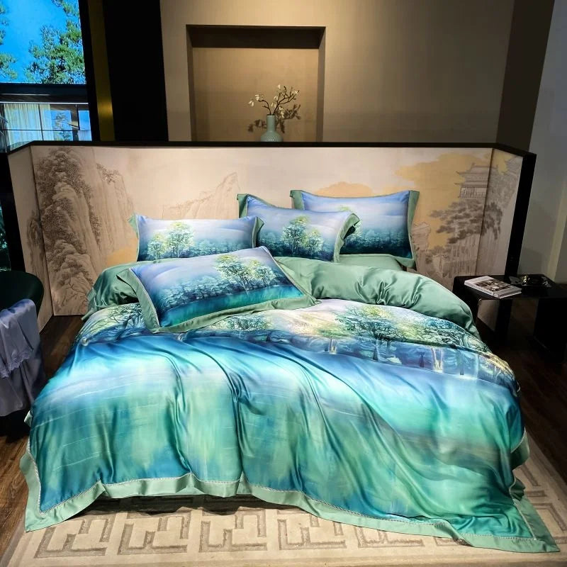 High End Luxury Green Summer Plant Pattern Printed Skin-friendly Soft Lyocell Fiber 500TC Customizable Comforter Bedding Set