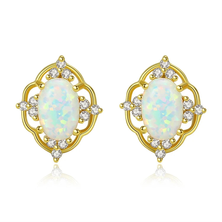 Fine Jewelry 925 Sterling Silver Flower Shape Natural Oval Opal Zircon Stud Earrings