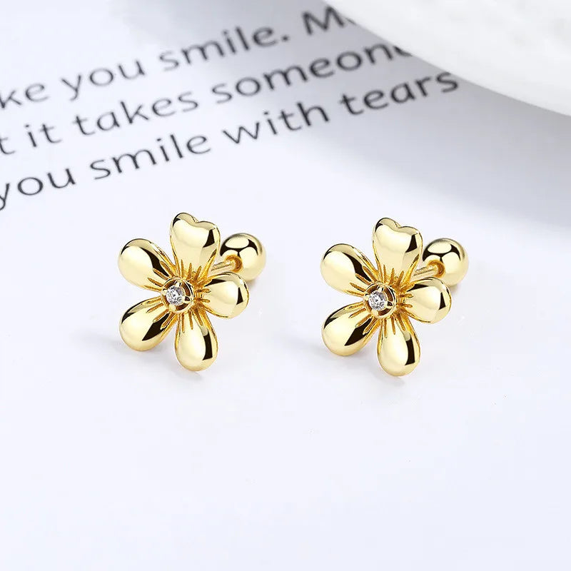 Fashion Jewelry 925 Sterling Silver Minimalist Thread Earrings Flower Five Petals Blossom Zircon Gold Plated Stud Earrings Women