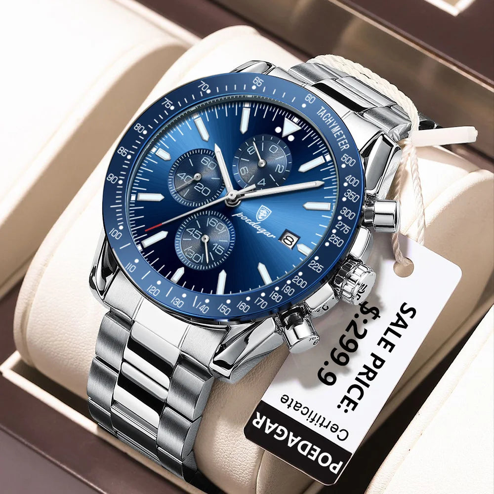 Poedagar 988 Fashion Sport Chronograph Men Watch Waterproof Luminous Stainless Steel Quartz Watches for Men