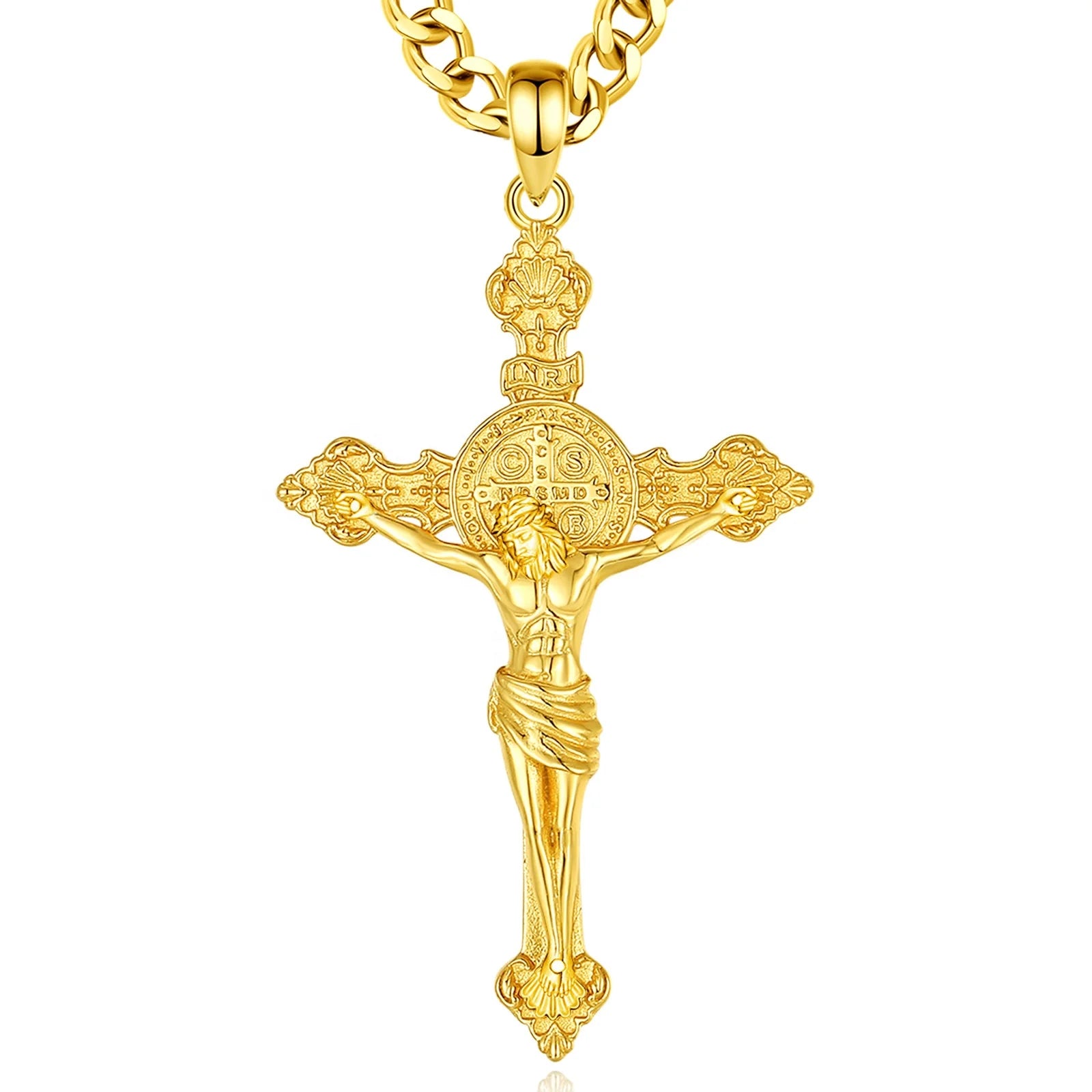 Jesus Cross Pendant Necklace S925 Sterling Silver Embossed Style Religious Fine Jewelry