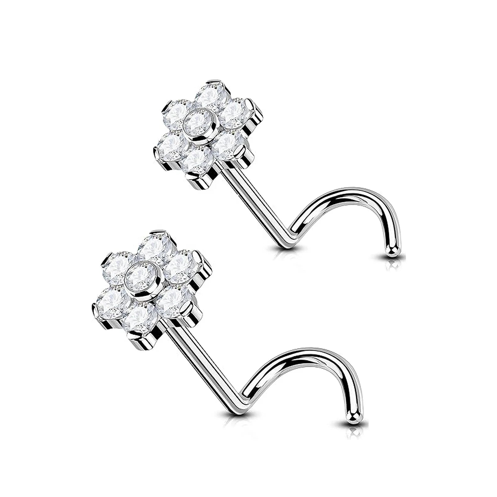Titanium Zircon Flower Nose Ring Stud Gold Plated Silver Luxury Wedding Gift Body Jewelry