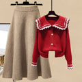 M-4XL Large Women's Casual Autumn Set Loose Fitting Long Sleeved Lapel Sweater Button High Waisted Skirt Two-Piece Set