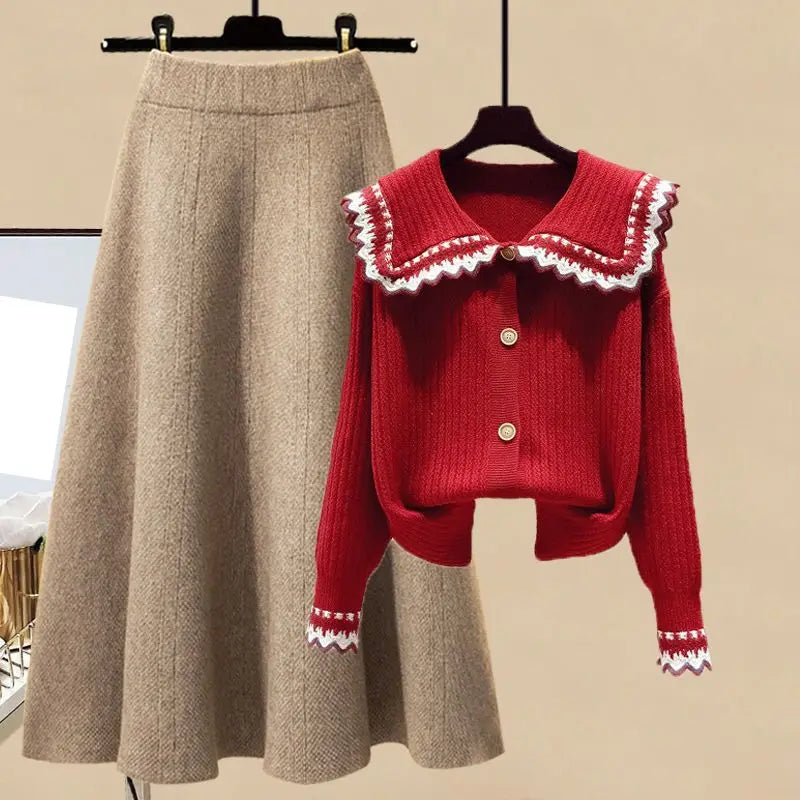 M-4XL Large Women's Casual Autumn Set Loose Fitting Long Sleeved Lapel Sweater Button High Waisted Skirt Two-Piece Set