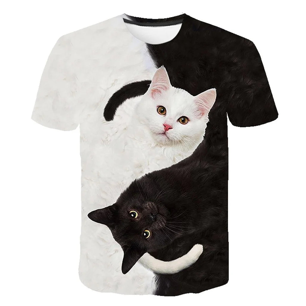 Novelty Graphic T-Shirts 3D Cute Cat Print Short Sleeve Round Neck Tee Blouse Casual Summer Basic Shirts