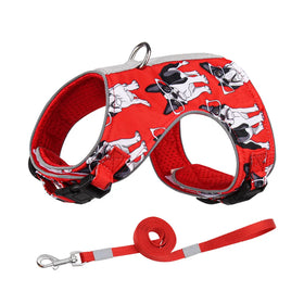 Fashion Summer Breathable Step in Print Cat Rope Leads Dog Leash and Harness Set