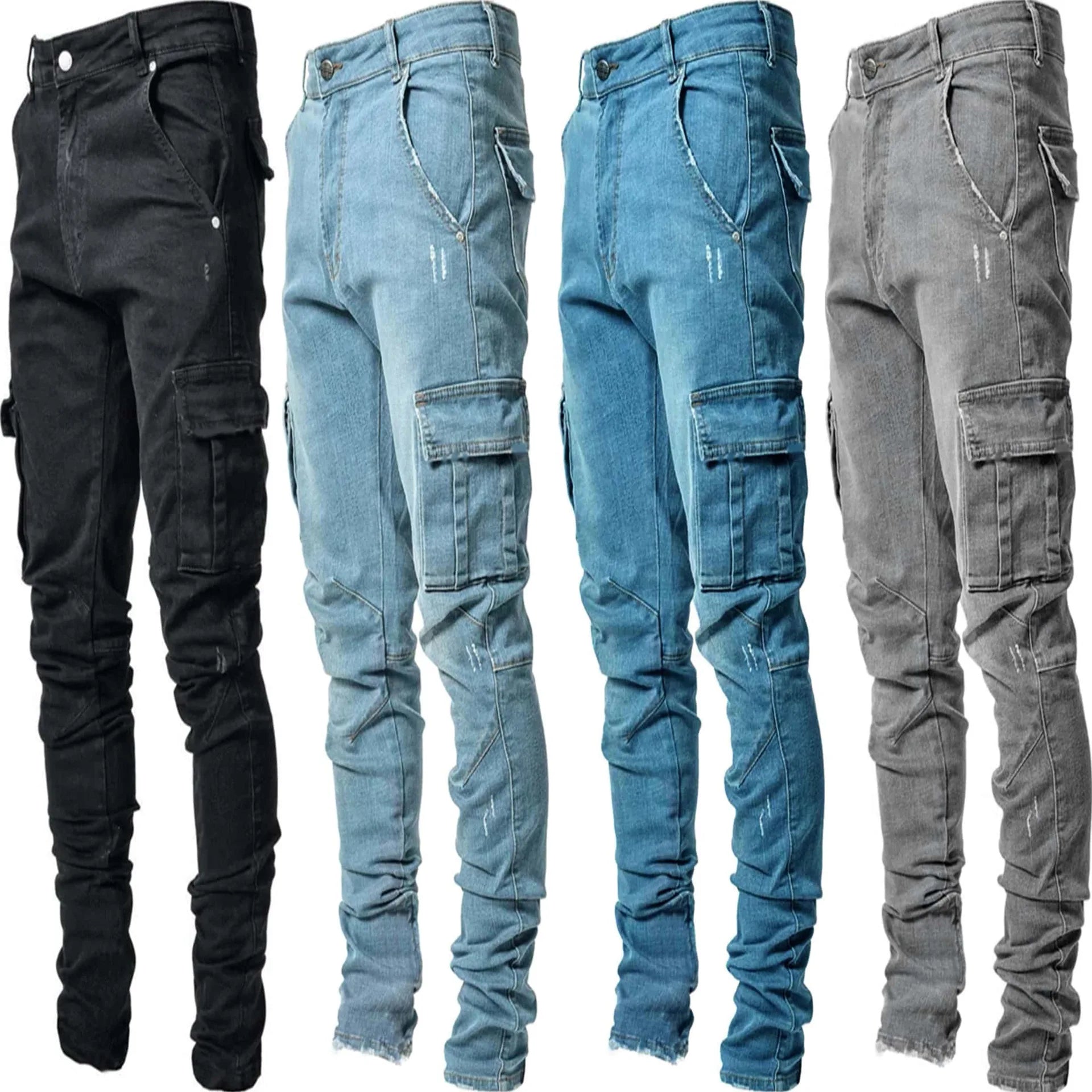 Customize Newest Europe Jeans Men Pencil Pants Casual Cotton Denim Ripped Distressed Hole New Fashion Pants Side Pockets Cargo