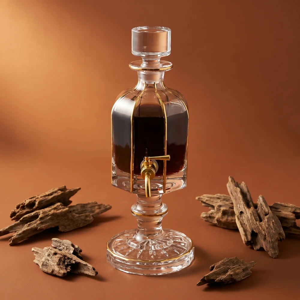 Manufacturer Arabic 640 ml Cork Sealed Glass Decanter Display Stand Attar Oud Oil Bottle with Faucet