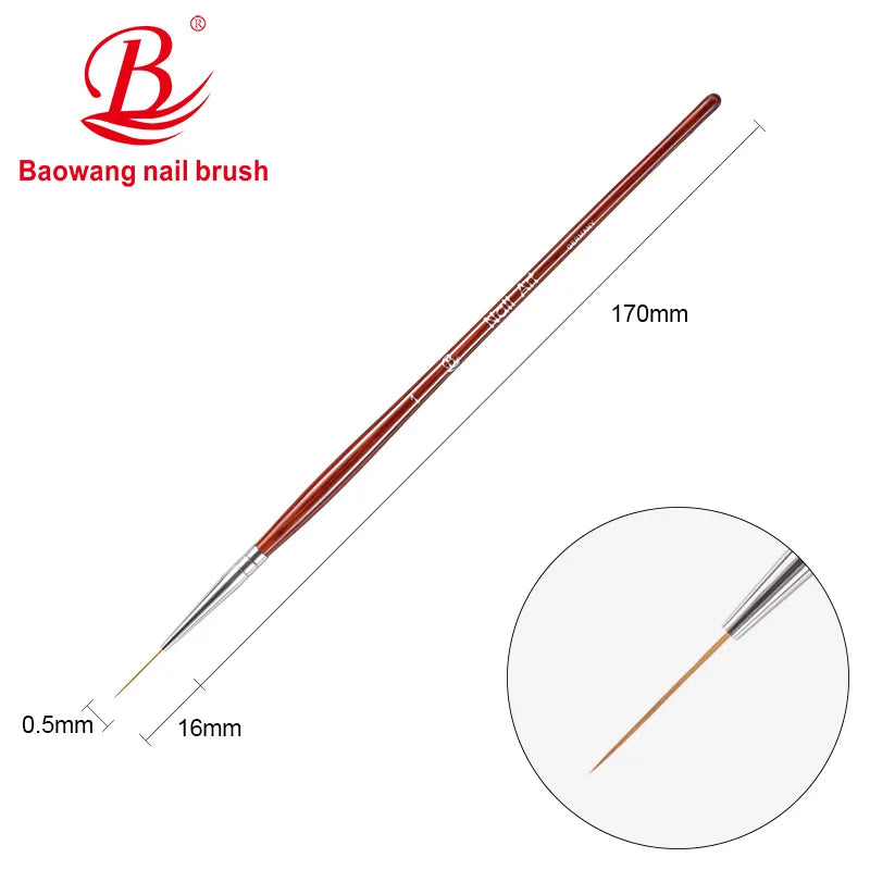 BAOWANG BW19-2 Wholesale Professional Red Wood Handle Nylon/Kolinsky PP Hair Manicure Nail Art Brush Set OEM Liner