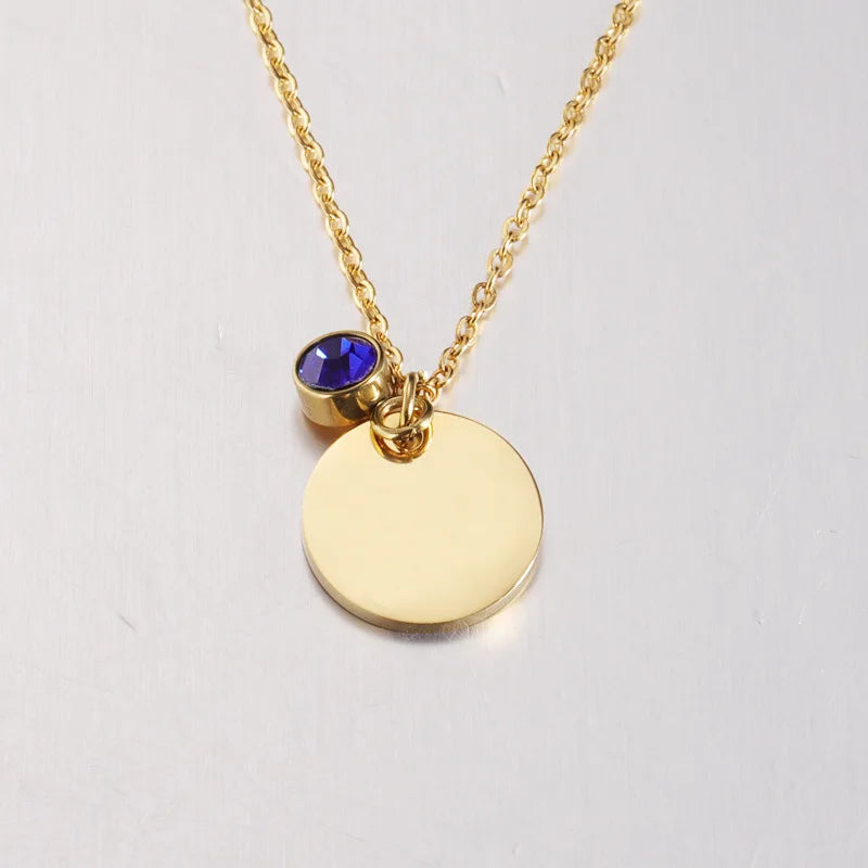 Mirror Polished Stainless Steel Jewelry 12 Birthstone Round Charm Custom Name Necklace