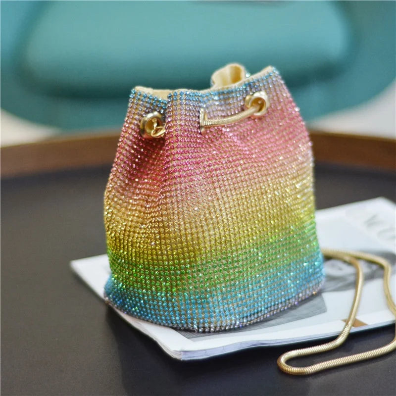 2025 Fashion Lady Colorful Bride Evening Bag Chain Bucket Purse for Party Wedding Hand Bags Rhinestone Women Bridesmaid Handbag