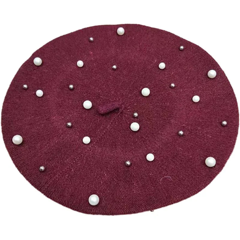 K1340 Japanese Fashion Pearl Beret Autumn Winter Vintage British Painter Hat Wool Beret Lady Knitted Hat