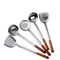 5Pcs Stainless Steel Cooking Utensils Set Wooden Handle Laser Pattern Wok Spatula Ladle Skimmer Kitchenware For Asian Market