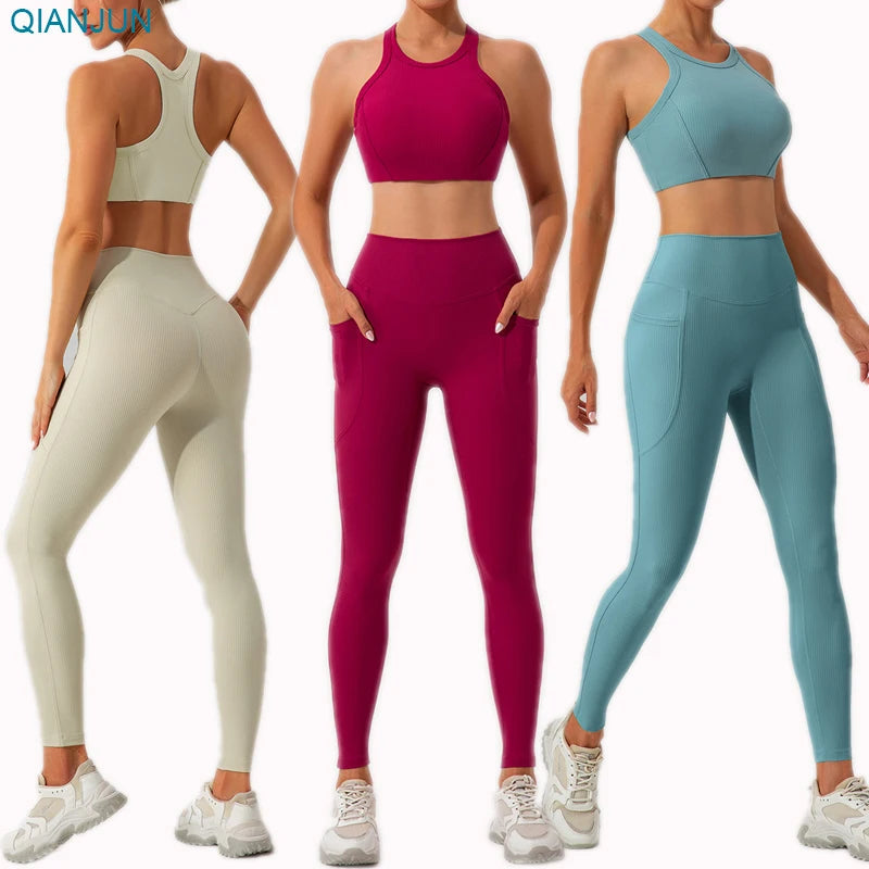 2023 Custom Logo Women Quick Dry Gym Wear Sport Bra and Yoga Pants Set High Waist Leggings 2Pcs Yoga Set