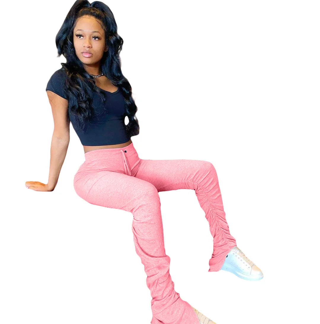 Wholesale XS-3XL Thick Stacked Sweatpants Women Vendor Mid Waist Drawstring Tie Pleated Stacked Leggings Flared Pants