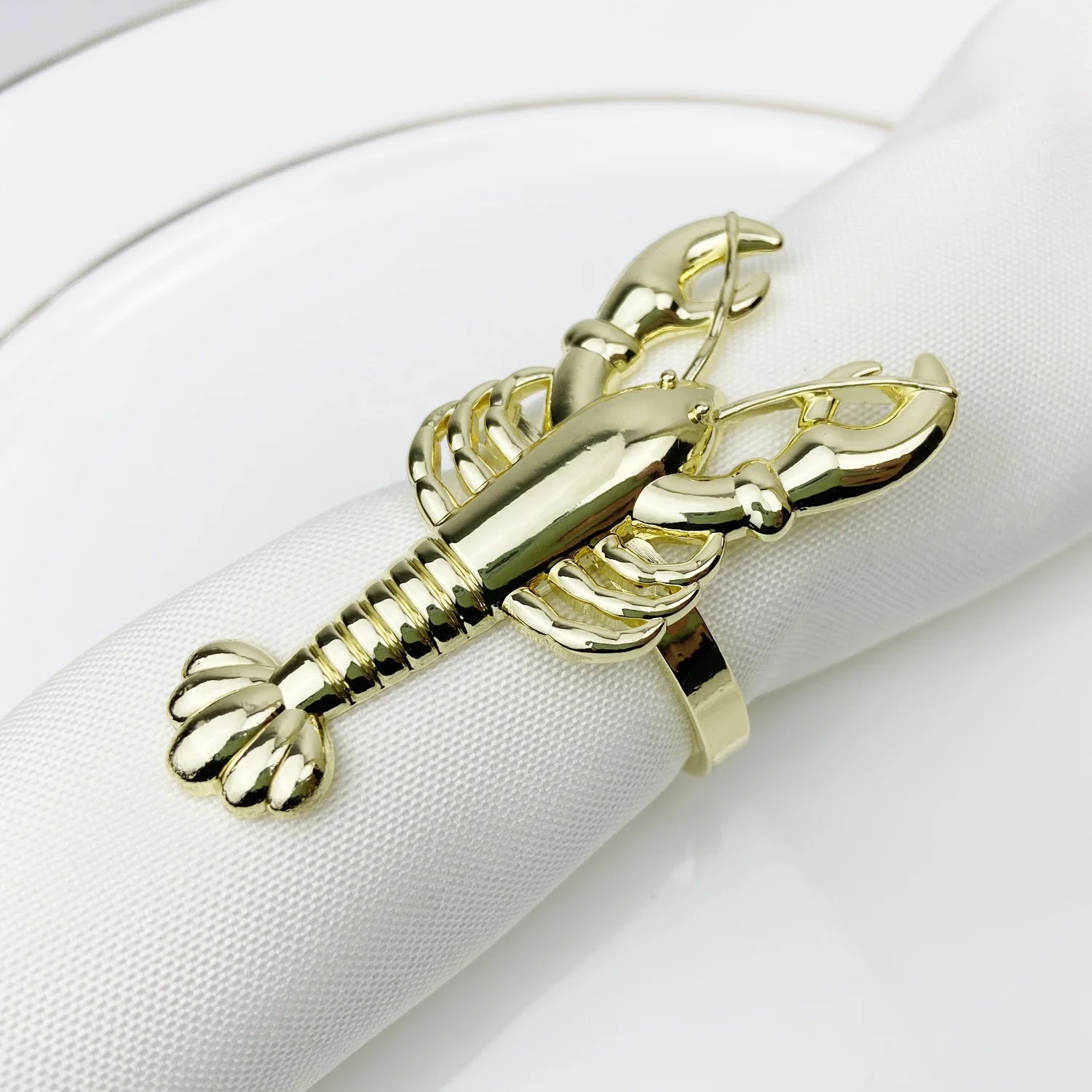 Gold Metal Vintage Eco-Friendly Party Napkin Rings with Shrimp and Lobster Buckle Design