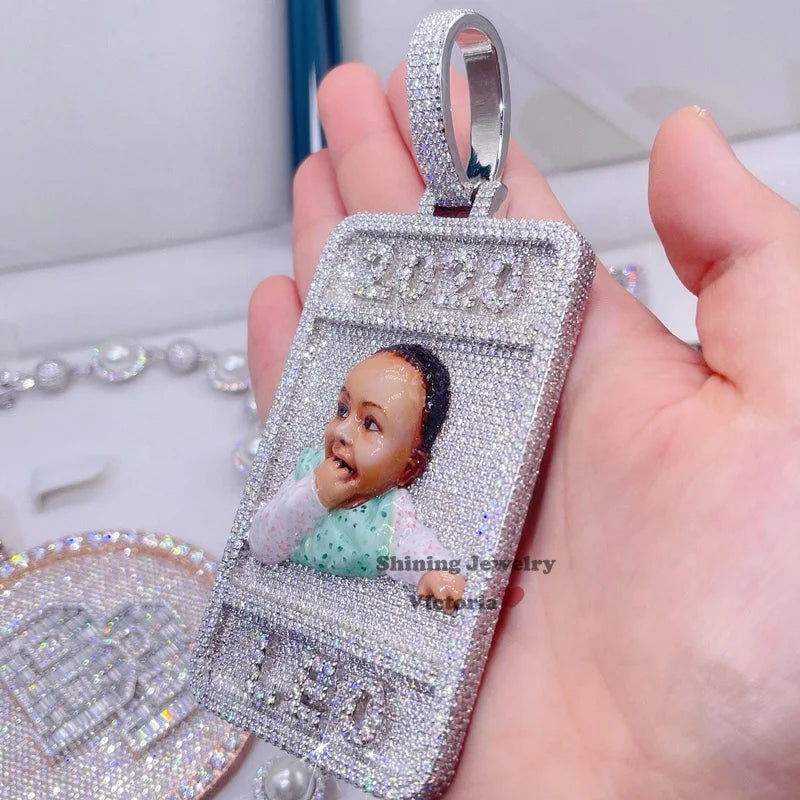 Rectangle bar Pendant Design with Enamel Portrait 3inch Tall Vvs Moissanite Iced Out Diamond Pendant