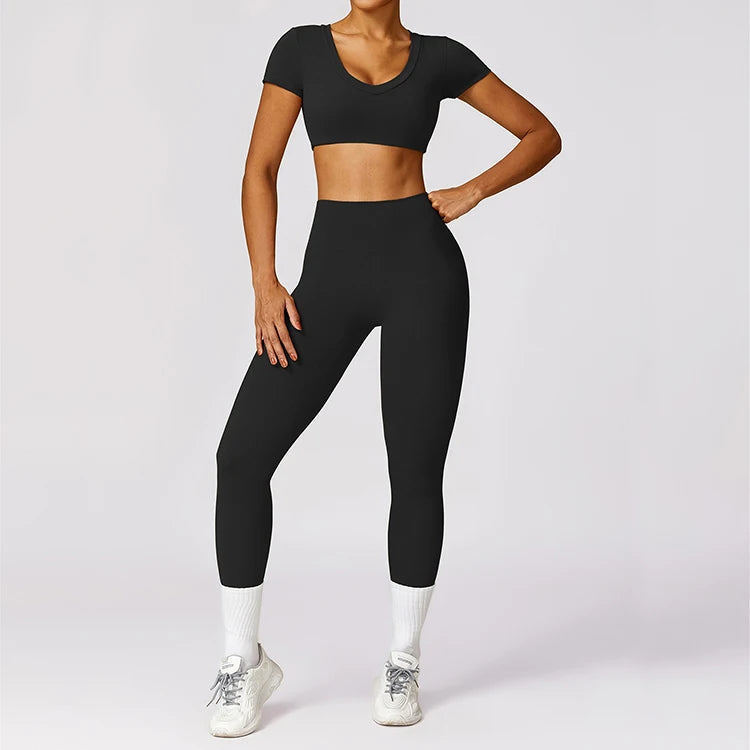 New Arrivals Short Sleeve and Leggings Set Custom logo Yoga Gym 2 Piece Legging Set for Women