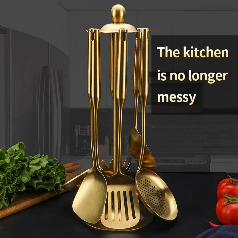 Wholesale Metal Kitchenware Cozinha Utensils Stainless Steel Gold Cooking Tool Set
