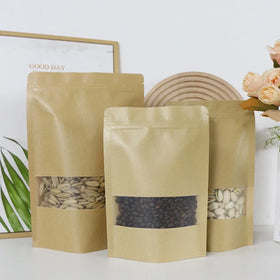 Recycled Kraft Paper Stand-Up Ziplock Bag with Clear Window for Flour Dried Food Pet Food Packaging