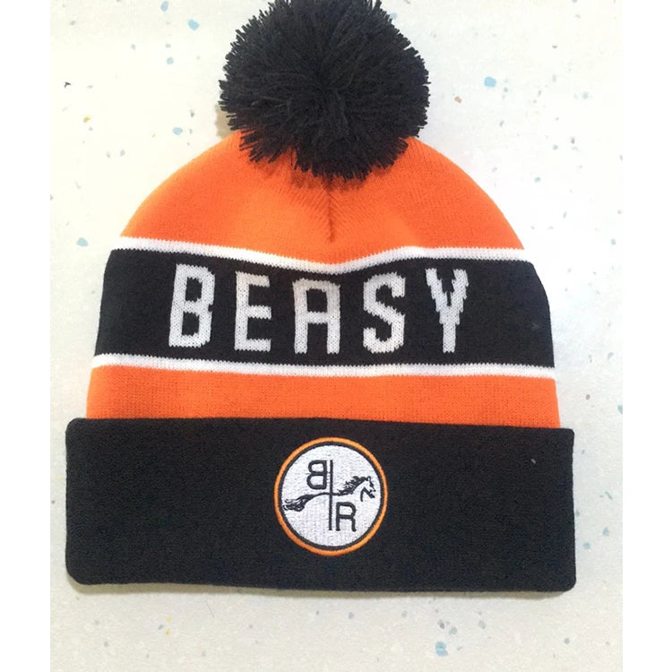 Fashion 100% Acrylic Knitted Cuff Sports Toque Embroidered Winter Bobble Beanie Hat With Custom Logo