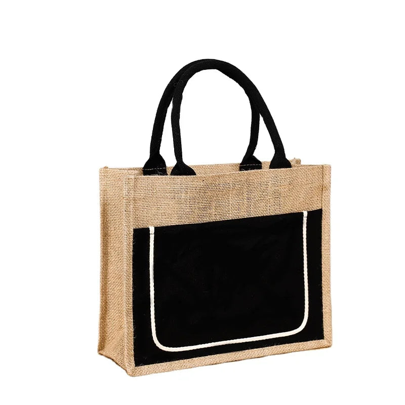 Women's Large Casual Linen Jute Tote Bag Custom Logo Size Eco-Friendly Recyclable Jute Burlap Shopping Bag Letter Pattern