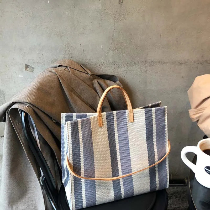 YIMYIK Canvas Striped Women Cotton Tote Bag Leather Handle Large Sling Handbag With Removable Shoulder Strap for Ladies