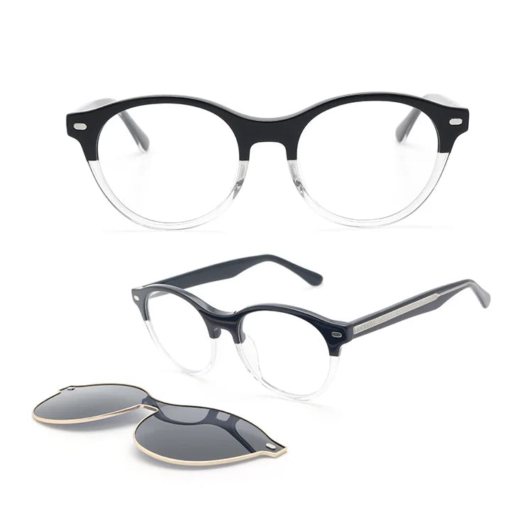 Designer Acetate Magnetic Round Sunglasses Polarized Clip-On Eyewear in Yellow Purple Red Frames