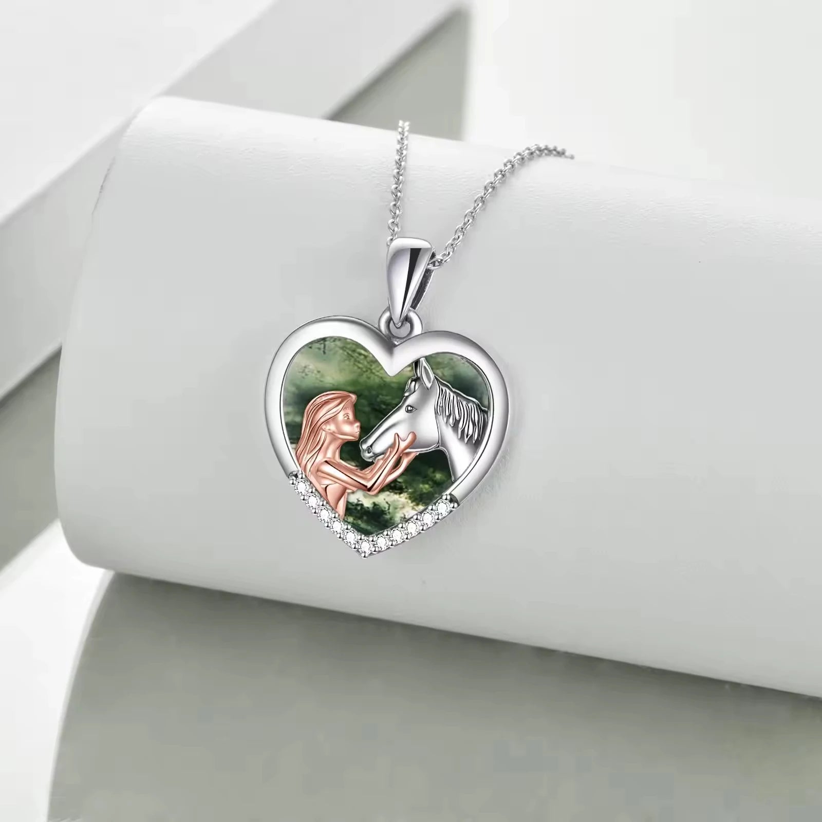 Hot Sale S925 Sterling Silver Two Tone Horse and Girl Zircon Moss Agate Heart Pendant Necklace