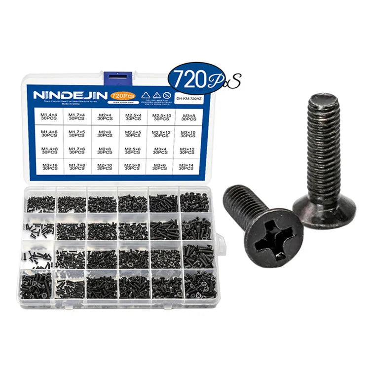 Carbon Steel Metric M1.4 M1.7 M2 M2.5 M3 Phillips Flat Head Machine Screws Assortment with Black Oxide Finish
