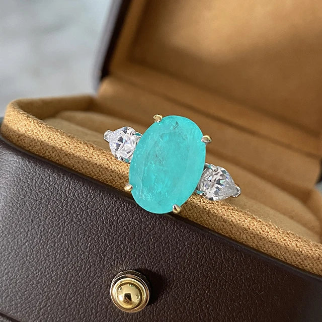 925 Sterling Silver Oval Blue Parabia Tourmaline Rings Sparkling Cubic Zirconia Women Ring