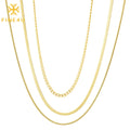 Women Fashion Trendy Basic Stainless Steel Gold Plated Herringbone Snake Chain Triple Layered Necklace