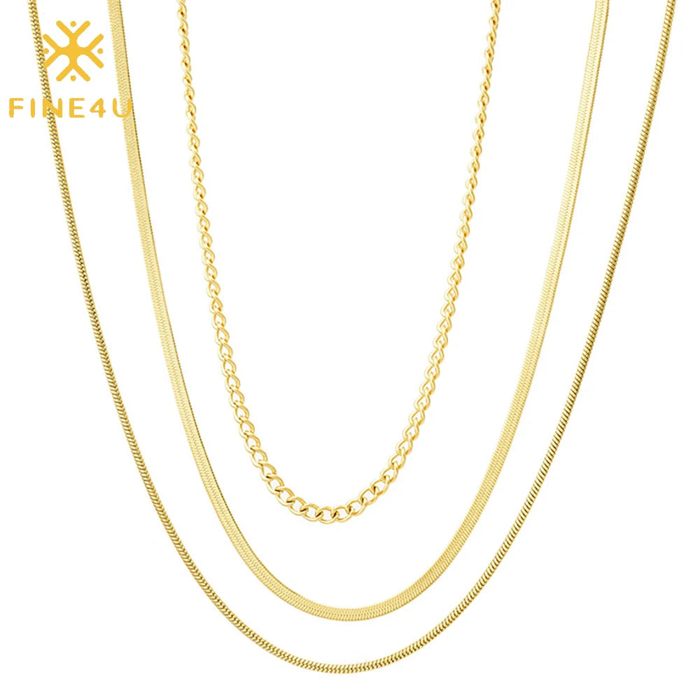 Women Fashion Trendy Basic Stainless Steel Gold Plated Herringbone Snake Chain Triple Layered Necklace