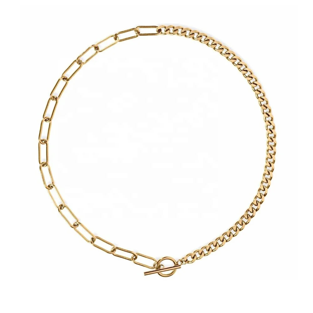 DARBY TOGGLE CHAIN NECKLACE for WOMEN Minimalist Steampunk Rock Jewelry with Chunky Stainless Steel Figaro Chain Gold Plated