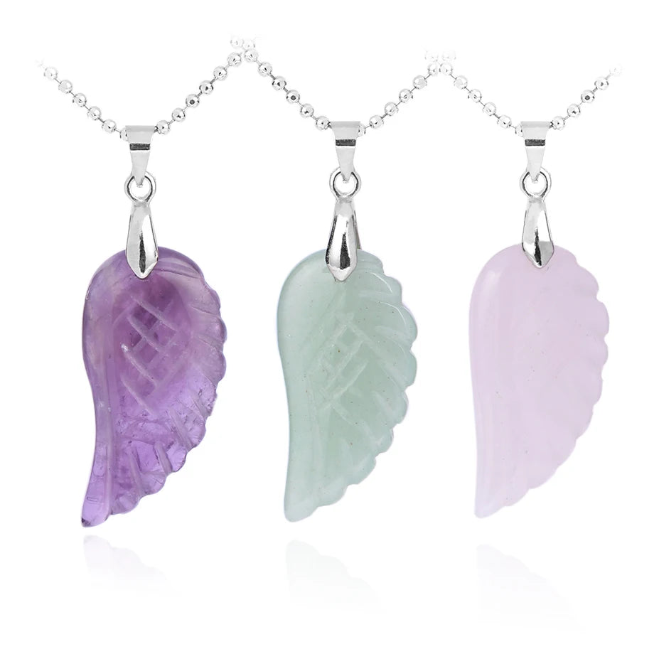 CSJA Wholesale Healing Crystals Natural Amethyst Rose Quartz Gemstone Angel Wings Pendant Necklace for Jewelry Making E768