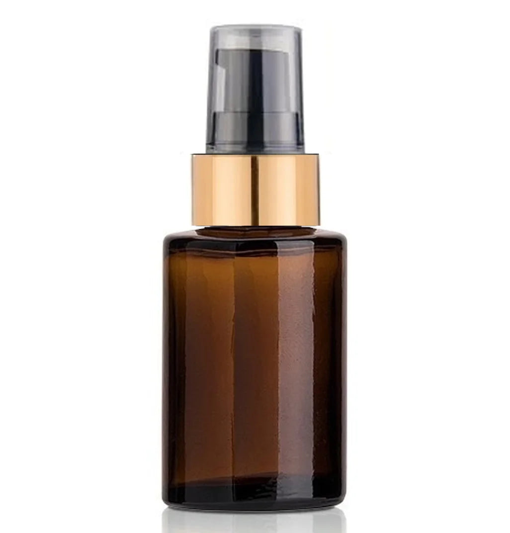 1 Oz 30ml Amber Cylinder Glass Bottle W/ Black-Matte Gold Treatment Pump