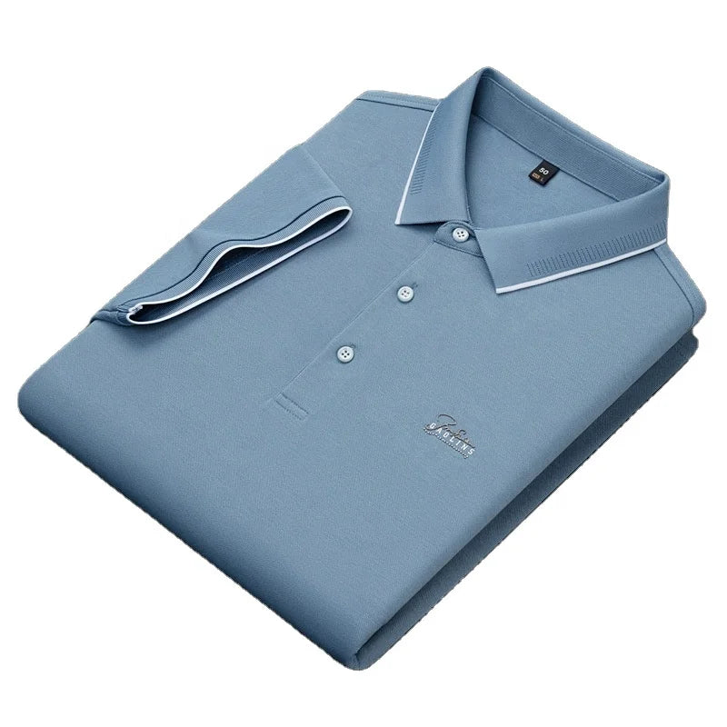 Men's Summer Casual Business for  T-Shirt New Short-Sleeved Cotton Solid Pattern Turn-Down Embroidered Knitted Clothes