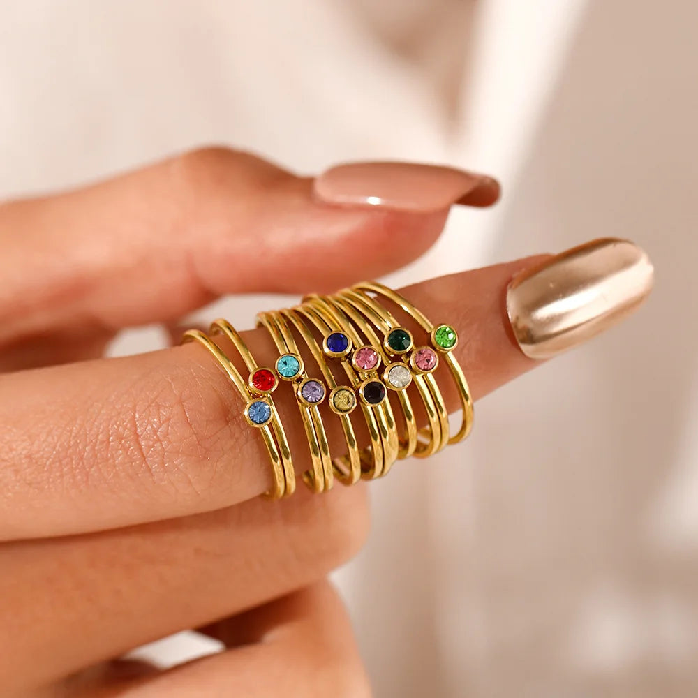 Hainon Fashion Single Color Zircon Stainless Steel Ring Women Birthday Stone Ring