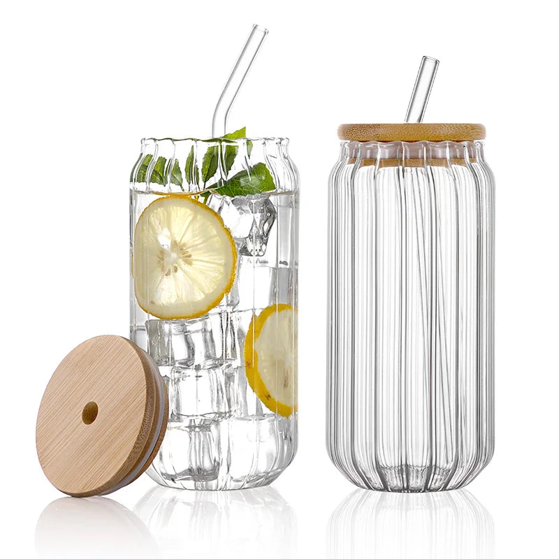Reusable 4 Pack Clear Borosilicate Glass Mug Cocktail Glasses Coffee Cup Tumbler 16 oz Ribbed Can Shaped Glass With Lid Straw